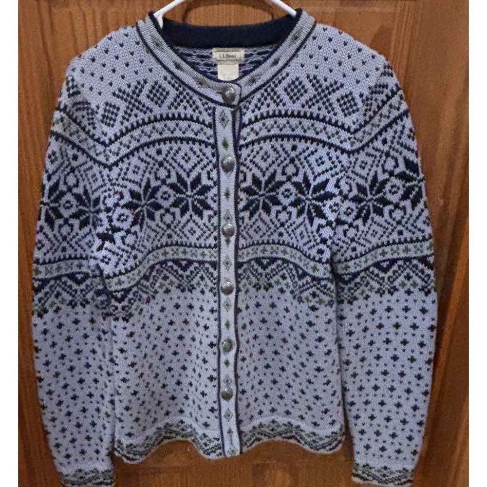 Vintage LL Bean Cotton Fair Isle Nordic Snowflake Cardigan Sweater Purple Sz S